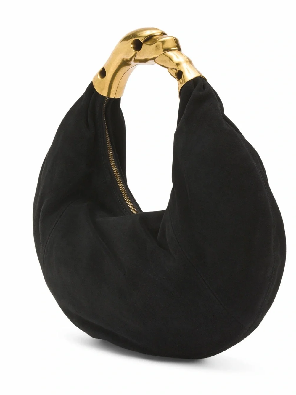 Black Suede Hobo Bag with Gold Twist Handle